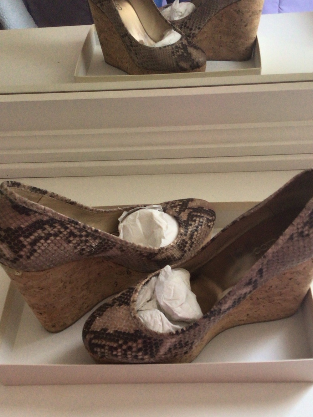 Jimmy Choo Brown Snakeskin Cork Wedge Pumps